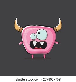 Vector cartoon funny pink monster with horn isolated on grey background. Smiling silly pink monster print sticker design template. Ghost, troll, gremlin, goblin, devil and monster