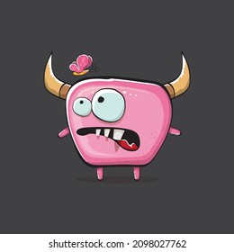 Vector cartoon funny pink monster with horn isolated on grey background. Smiling silly pink monster print sticker design template. Ghost, troll, gremlin, goblin, devil and monster