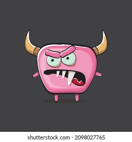 Vector cartoon funny pink monster with horn isolated on grey background. Smiling silly pink monster print sticker design template. Ghost, troll, gremlin, goblin, devil and monster