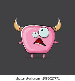 Vector cartoon funny pink monster with horn isolated on grey background. Smiling silly pink monster print sticker design template. Ghost, troll, gremlin, goblin, devil and monster