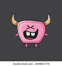Vector cartoon funny pink monster with horn isolated on grey background. Smiling silly pink monster print sticker design template. Ghost, troll, gremlin, goblin, devil and monster