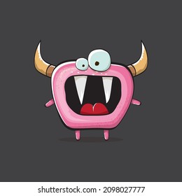 Caricatura vectorial monstruo rosa gracioso con cuerno aislado en fondo gris. Plantilla de diseño de pegatinas con huellas de monstruo rosadas y sonrientes. Fantasma, troll, gavilina, goblin, diablo y monstruo
