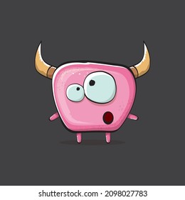 Vector cartoon funny pink monster with horn isolated on grey background. Smiling silly pink monster print sticker design template. Ghost, troll, gremlin, goblin, devil and monster
