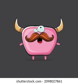 Vector cartoon funny pink monster with horn isolated on grey background. Smiling silly pink monster print sticker design template. Ghost, troll, gremlin, goblin, devil and monster