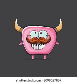 Vector cartoon funny pink monster with horn isolated on grey background. Smiling silly pink monster print sticker design template. Ghost, troll, gremlin, goblin, devil and monster