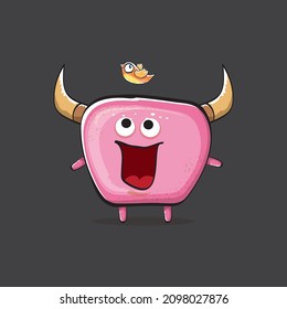 Vector cartoon funny pink monster with horn isolated on grey background. Smiling silly pink monster print sticker design template. Ghost, troll, gremlin, goblin, devil and monster