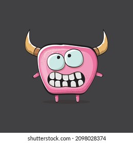 Vector cartoon funny pink monster with horn isolated on grey background. Smiling silly pink monster print sticker design template. Ghost, troll, gremlin, goblin, devil and monster