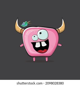Vector cartoon funny pink monster with horn isolated on grey background. Smiling silly pink monster print sticker design template. Ghost, troll, gremlin, goblin, devil and monster