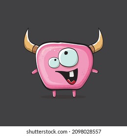 Vector cartoon funny pink monster with horn isolated on grey background. Smiling silly pink monster print sticker design template. Ghost, troll, gremlin, goblin, devil and monster