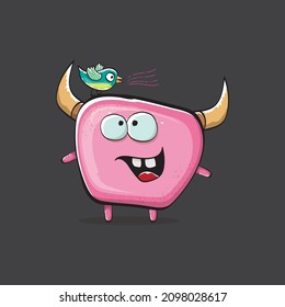 Vector cartoon funny pink monster with horn isolated on grey background. Smiling silly pink monster print sticker design template. Ghost, troll, gremlin, goblin, devil and monster