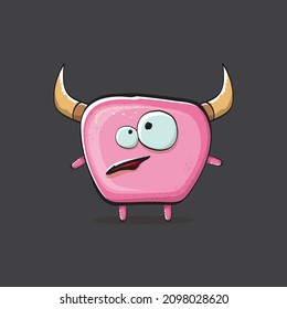 Vector cartoon funny pink monster with horn isolated on grey background. Smiling silly pink monster print sticker design template. Ghost, troll, gremlin, goblin, devil and monster