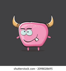 Vector cartoon funny pink monster with horn isolated on grey background. Smiling silly pink monster print sticker design template. Ghost, troll, gremlin, goblin, devil and monster
