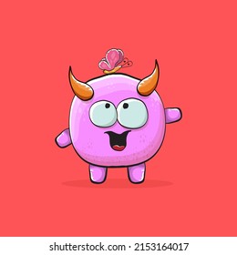 Vector cartoon funny pink monster with horn isolated on red background. Smiling silly blue monster print sticker design template. Pink Ghost, troll, gremlin, goblin, devil and monster