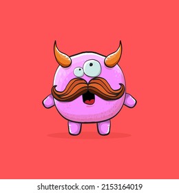 Vector cartoon funny pink monster with horn isolated on red background. Smiling silly blue monster print sticker design template. Pink Ghost, troll, gremlin, goblin, devil and monster