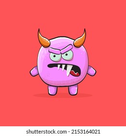 Vector cartoon funny pink monster with horn isolated on red background. Smiling silly blue monster print sticker design template. Pink Ghost, troll, gremlin, goblin, devil and monster