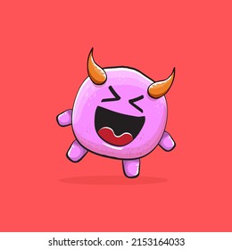 Vector cartoon funny pink monster with horn isolated on red background. Smiling silly blue monster print sticker design template. Pink Ghost, troll, gremlin, goblin, devil and monster