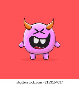 Vector cartoon funny pink monster with horn isolated on red background. Smiling silly blue monster print sticker design template. Pink Ghost, troll, gremlin, goblin, devil and monster