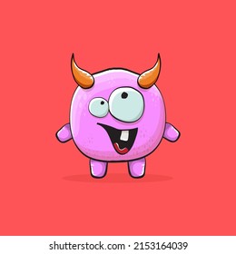 Vector cartoon funny pink monster with horn isolated on red background. Smiling silly blue monster print sticker design template. Pink Ghost, troll, gremlin, goblin, devil and monster