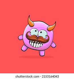 Vector cartoon funny pink monster with horn isolated on red background. Smiling silly blue monster print sticker design template. Pink Ghost, troll, gremlin, goblin, devil and monster