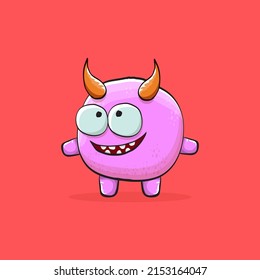 Vector cartoon funny pink monster with horn isolated on red background. Smiling silly blue monster print sticker design template. Pink Ghost, troll, gremlin, goblin, devil and monster