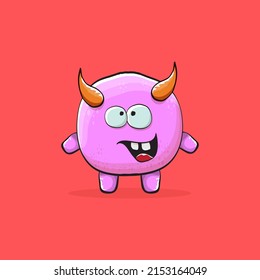 Vector cartoon funny pink monster with horn isolated on red background. Smiling silly blue monster print sticker design template. Pink Ghost, troll, gremlin, goblin, devil and monster