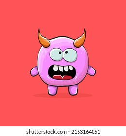 Vector cartoon funny pink monster with horn isolated on red background. Smiling silly blue monster print sticker design template. Pink Ghost, troll, gremlin, goblin, devil and monster
