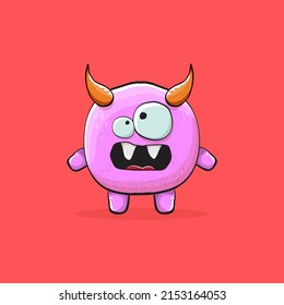 Vector cartoon funny pink monster with horn isolated on red background. Smiling silly blue monster print sticker design template. Pink Ghost, troll, gremlin, goblin, devil and monster