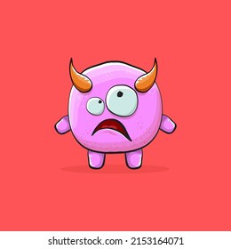 Vector cartoon funny pink monster with horn isolated on red background. Smiling silly blue monster print sticker design template. Pink Ghost, troll, gremlin, goblin, devil and monster