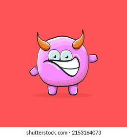 Vector cartoon funny pink monster with horn isolated on red background. Smiling silly blue monster print sticker design template. Pink Ghost, troll, gremlin, goblin, devil and monster