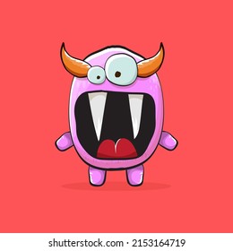 Vector cartoon funny pink monster with horn isolated on red background. Smiling silly blue monster print sticker design template. Pink Ghost, troll, gremlin, goblin, devil and monster