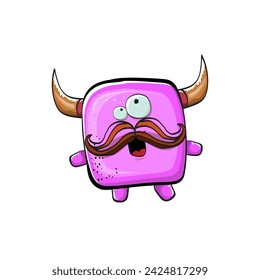 Vector cartoon funny pink monster with horn isolated on white background. Smiling silly pink monster print sticker design template. Ghost, troll, gremlin, goblin, devil and monster