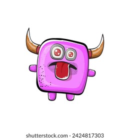 Vector cartoon funny pink monster with horn isolated on white background. Smiling silly pink monster print sticker design template. Ghost, troll, gremlin, goblin, devil and monster