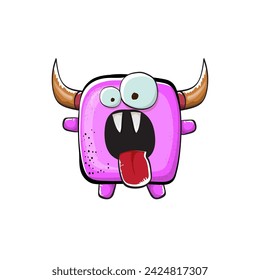 Vector cartoon funny pink monster with horn isolated on white background. Smiling silly pink monster print sticker design template. Ghost, troll, gremlin, goblin, devil and monster