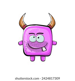 Vector cartoon funny pink monster with horn isolated on white background. Smiling silly pink monster print sticker design template. Ghost, troll, gremlin, goblin, devil and monster