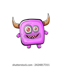 Vector cartoon funny pink monster with horn isolated on white background. Smiling silly pink monster print sticker design template. Ghost, troll, gremlin, goblin, devil and monster