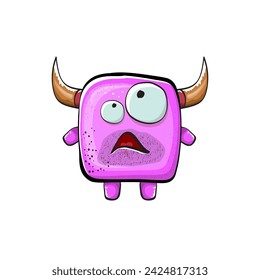 Vector cartoon funny pink monster with horn isolated on white background. Smiling silly pink monster print sticker design template. Ghost, troll, gremlin, goblin, devil and monster