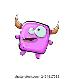 Vector cartoon funny pink monster with horn isolated on white background. Smiling silly pink monster print sticker design template. Ghost, troll, gremlin, goblin, devil and monster