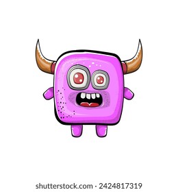 Vector cartoon funny pink monster with horn isolated on white background. Smiling silly pink monster print sticker design template. Ghost, troll, gremlin, goblin, devil and monster