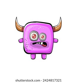 Vector cartoon funny pink monster with horn isolated on white background. Smiling silly pink monster print sticker design template. Ghost, troll, gremlin, goblin, devil and monster