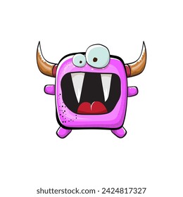 Vector cartoon funny pink monster with horn isolated on white background. Smiling silly pink monster print sticker design template. Ghost, troll, gremlin, goblin, devil and monster