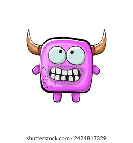 Vector cartoon funny pink monster with horn isolated on white background. Smiling silly pink monster print sticker design template. Ghost, troll, gremlin, goblin, devil and monster