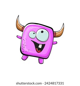 Vector cartoon funny pink monster with horn isolated on white background. Smiling silly pink monster print sticker design template. Ghost, troll, gremlin, goblin, devil and monster