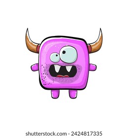 Vector cartoon funny pink monster with horn isolated on white background. Smiling silly pink monster print sticker design template. Ghost, troll, gremlin, goblin, devil and monster