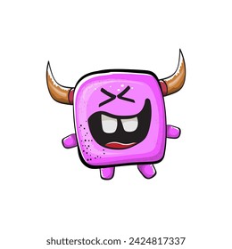 Vector cartoon funny pink monster with horn isolated on white background. Smiling silly pink monster print sticker design template. Ghost, troll, gremlin, goblin, devil and monster