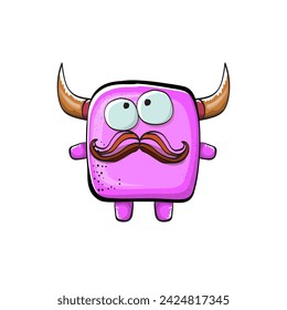 Vector cartoon funny pink monster with horn isolated on white background. Smiling silly pink monster print sticker design template. Ghost, troll, gremlin, goblin, devil and monster