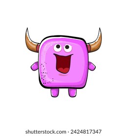 Vector cartoon funny pink monster with horn isolated on white background. Smiling silly pink monster print sticker design template. Ghost, troll, gremlin, goblin, devil and monster