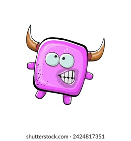 Vector cartoon funny pink monster with horn isolated on white background. Smiling silly pink monster print sticker design template. Ghost, troll, gremlin, goblin, devil and monster