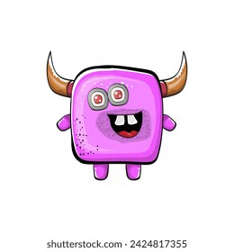 Vector cartoon funny pink monster with horn isolated on white background. Smiling silly pink monster print sticker design template. Ghost, troll, gremlin, goblin, devil and monster