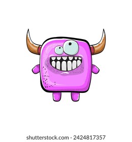 Vector cartoon funny pink monster with horn isolated on white background. Smiling silly pink monster print sticker design template. Ghost, troll, gremlin, goblin, devil and monster