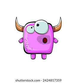 Vector cartoon funny pink monster with horn isolated on white background. Smiling silly pink monster print sticker design template. Ghost, troll, gremlin, goblin, devil and monster